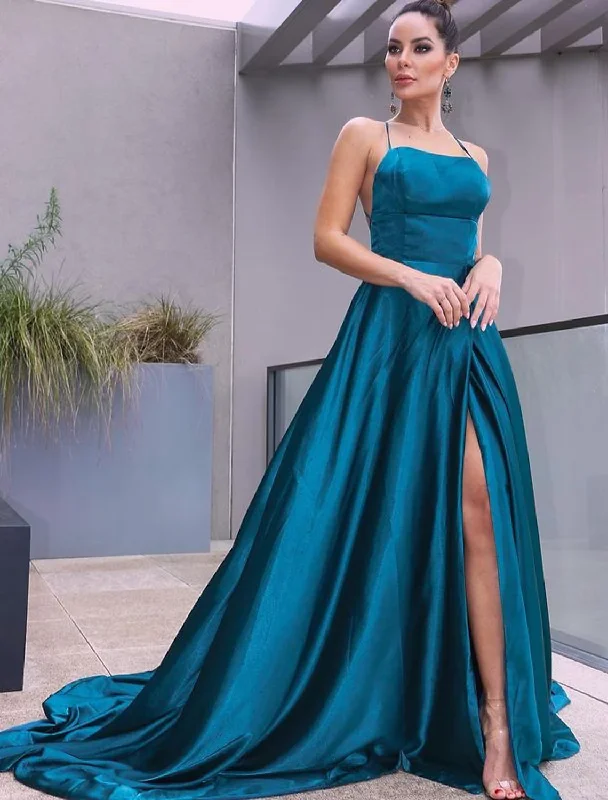 Best Deals Of The Season A-Line Prom Dresses Beautiful Back Dress Party Wear Court Sleeveless Strap Satin with Slit