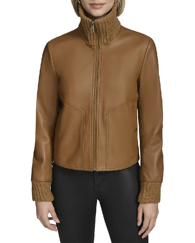 Limited Stock Andrew Marc Black Label Beatrix Rib-Knit Trimmed Leather Jacket