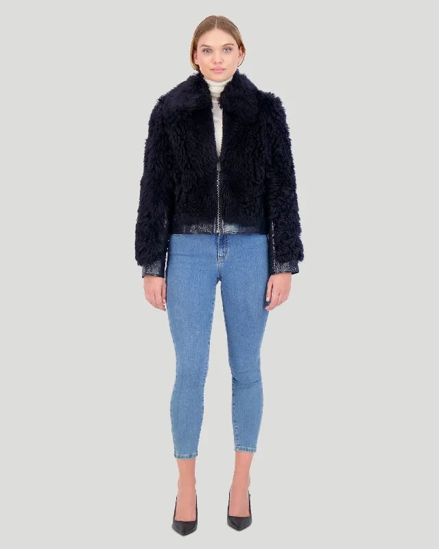 Clearance Event Shearling Lamb Bomber Jacket with Patent Leather Trim