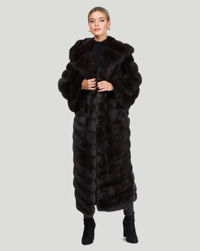 Cutting Edge Fashion Horizontal Russian Sable Coat with Hood and Leather Belt