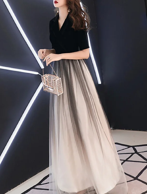 Modern Casual Clothing A-Line Minimalist Gradient Engagement Formal Evening Dress V Neck Half Sleeve Floor Length Tulle with Sleek