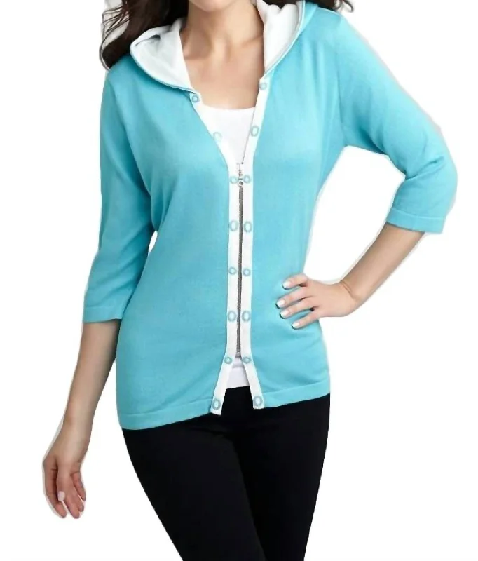 Shop Our Looks Rivet Hooded Knit Cardigan In Turquoise/white