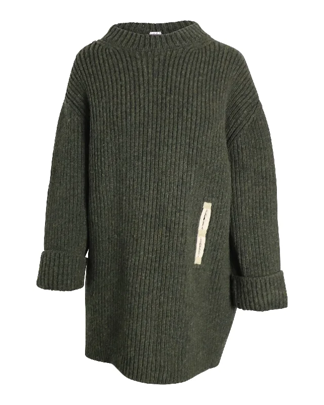 Chic And Trendy Celine Contrast Pocket Chunky Sweater in Olive Wool