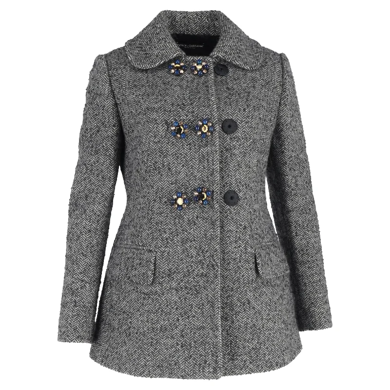 Edgy Fashion Dolce & Gabbana Embellished Button Peacoat in Grey Wool