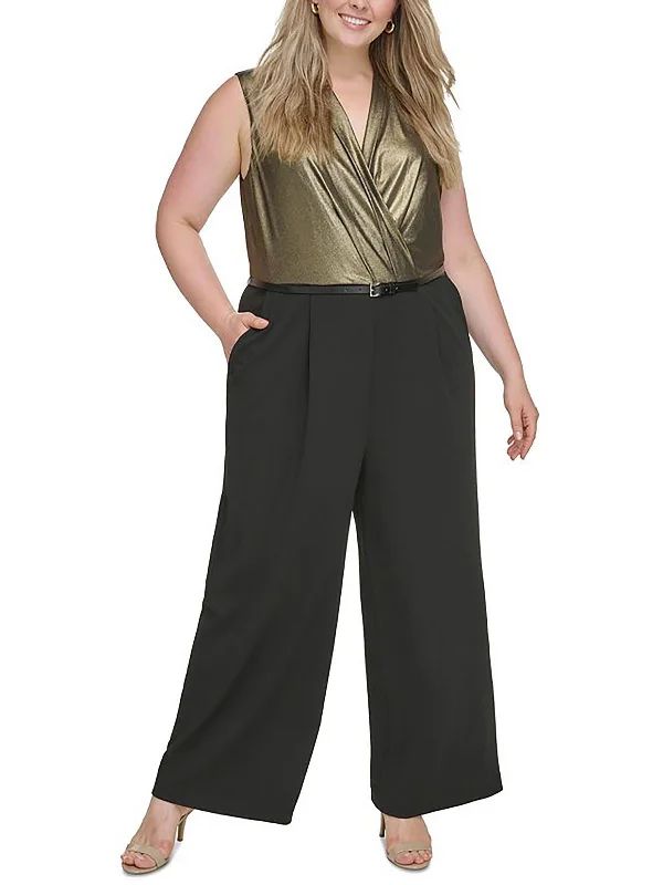 Elevated Style Plus Womens Metallic Wide Leg Jumpsuit