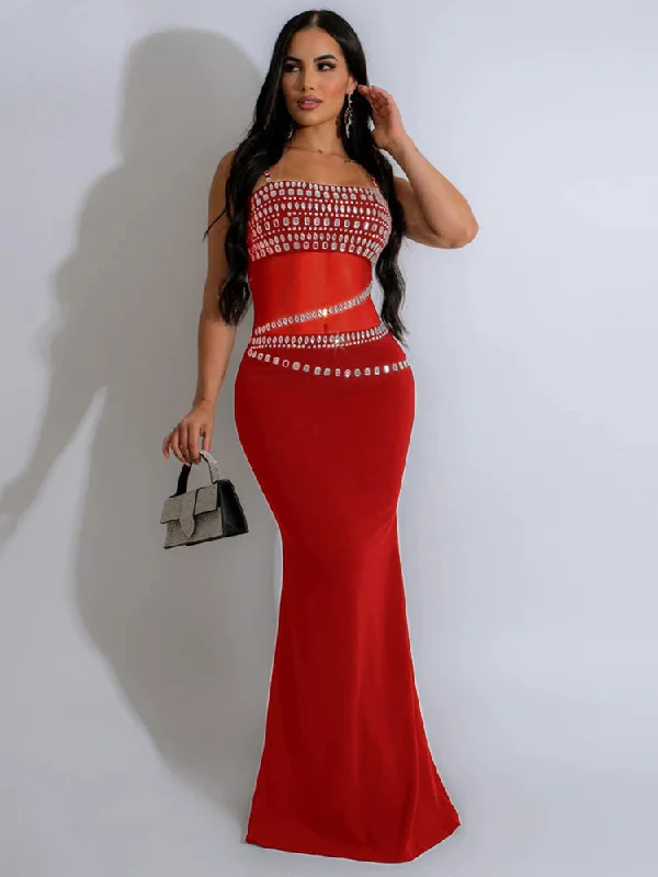 Absurdly Cheap Sale Red Christmas Party Dress with Elegant Mesh See Through Rhinestones Strap