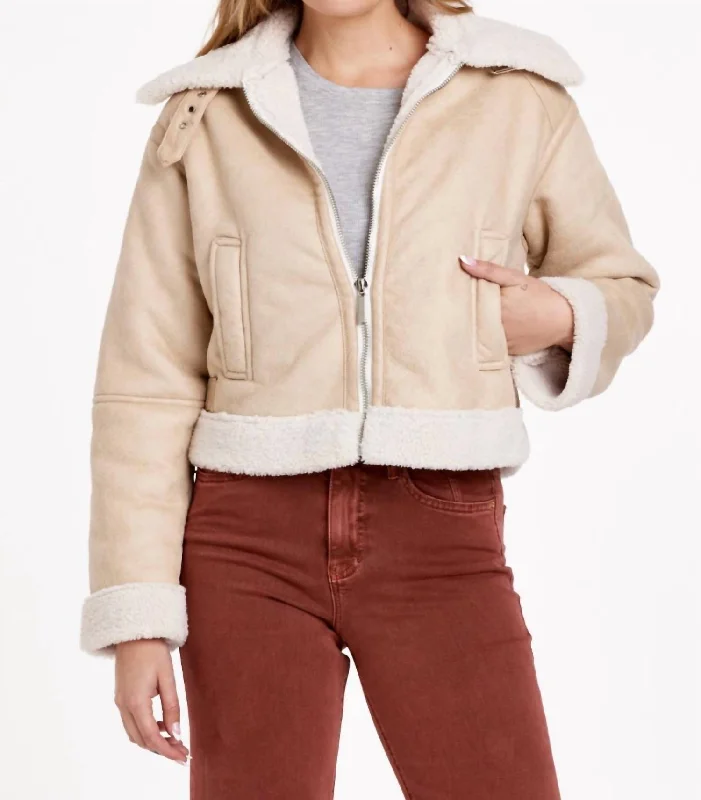 Classic Charm River Shearling Bomber Jacket In Winter Beige