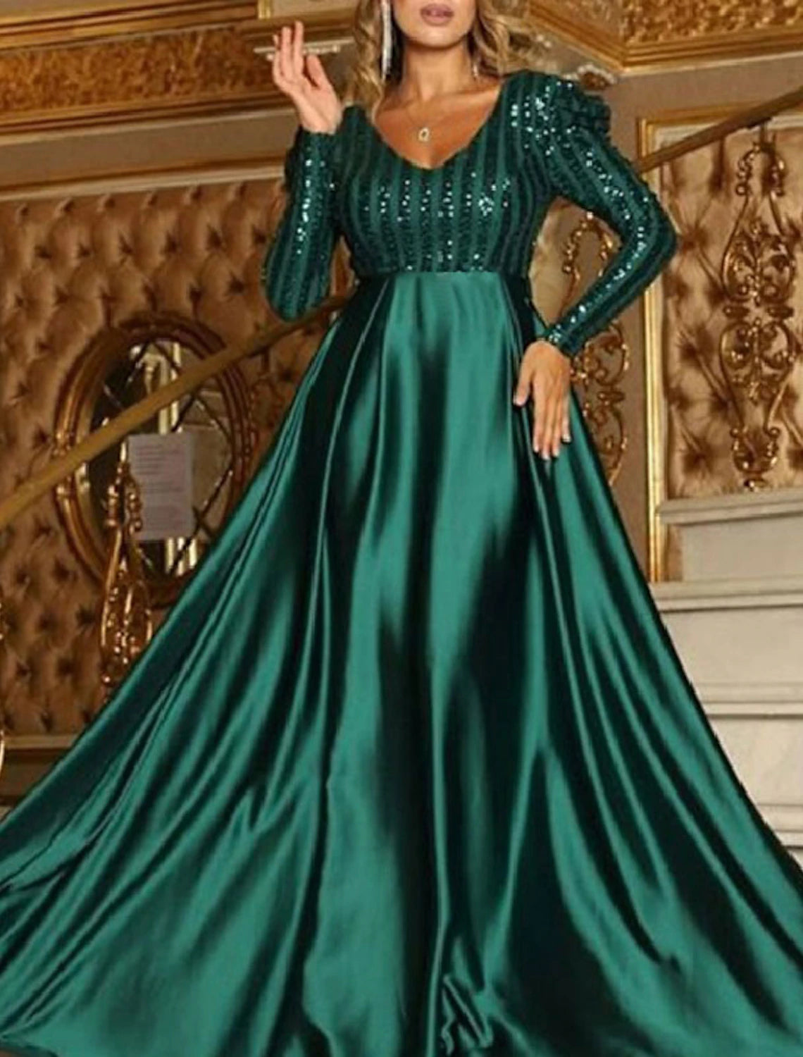 Fashion Forward Style A-Line Sparkly Engagement Formal Evening Party Dress V Neck Long Sleeve Court Train Polyester with Sequin