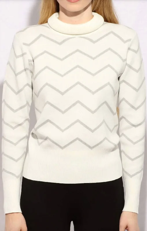 Stylish Spring Fashion Metallic Zig Zag Turtleneck Sweater In Cream