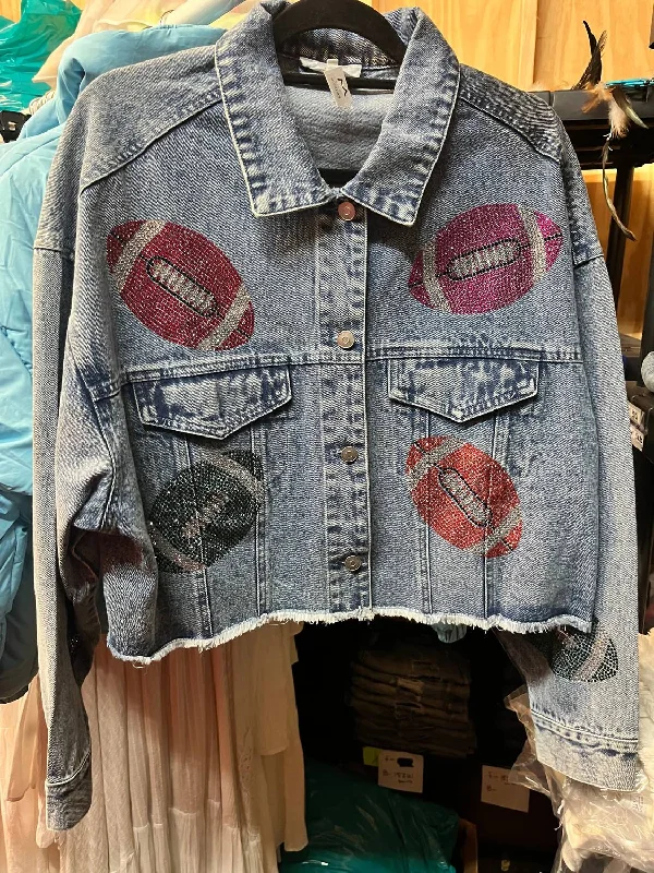 Playful Elegance Football Stone Washed Denim Jacket