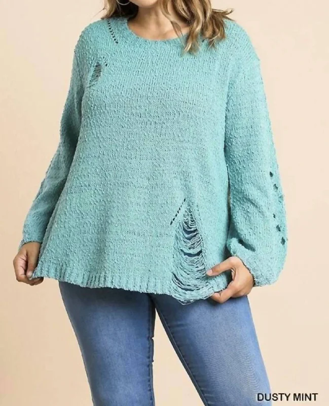 Fashionista Favorites Distressed Plus Sweater In Dusty Mint