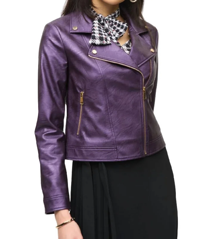 Update With Cottagecore Styles Faux Leather Biker Jacket In Blackcurrant