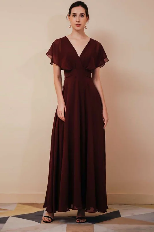 Trendy Styles Burgundy Chiffon V-Neck Dress with Ruffled Sleeve