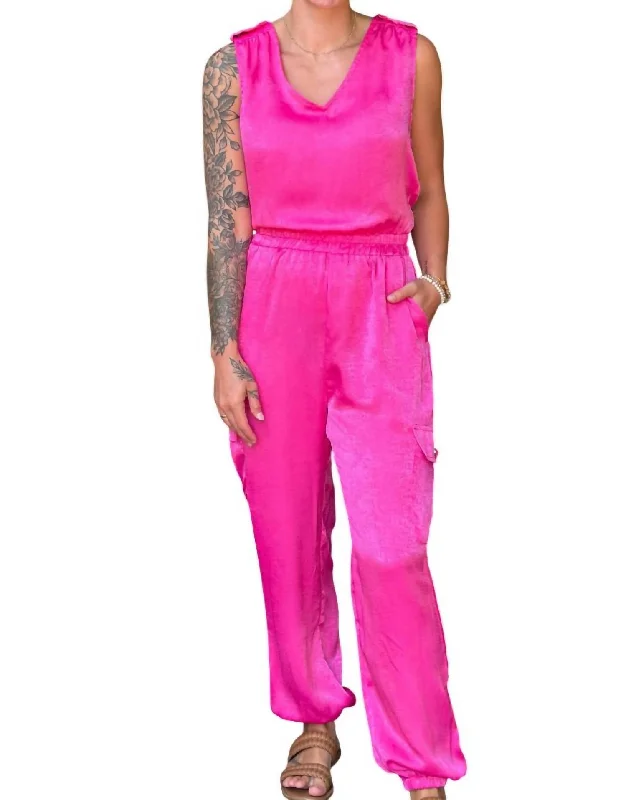 Luxury Fashion Satin Tapped Cargo Jumpsuit In Hot Pink