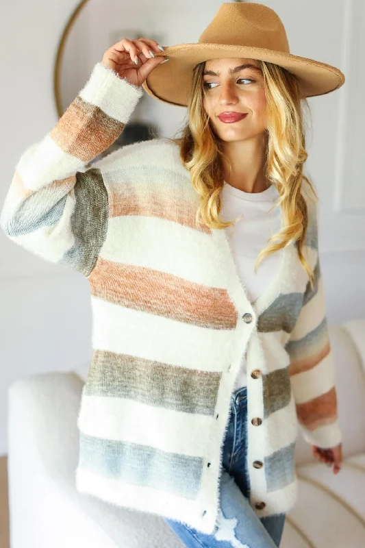 Stylish Spring Fashion Full Size Button Down Stripe Soft Fuzzy Sweater Cardigan