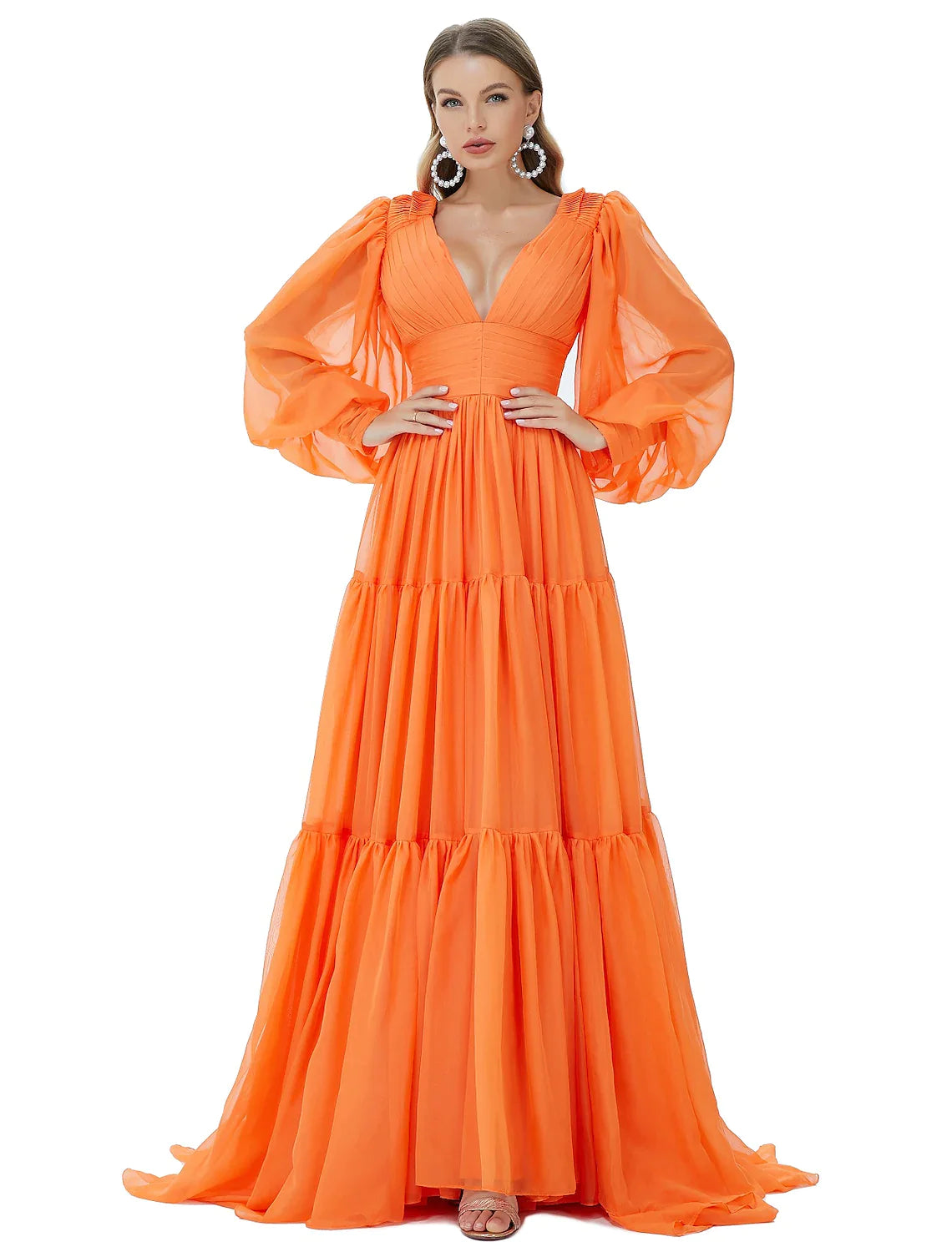 Seasonal Picks A-Line Evening Gown Sexy Dress Party Long Sleeve V Neck Chiffon with Ruched