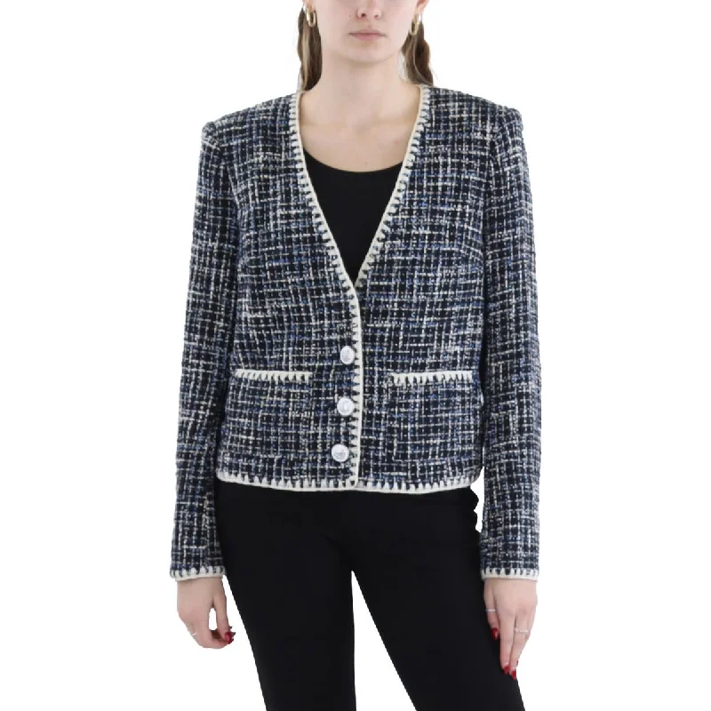 Update With Cottagecore Styles Womens Tweed Contrast Trim Collarless Blazer