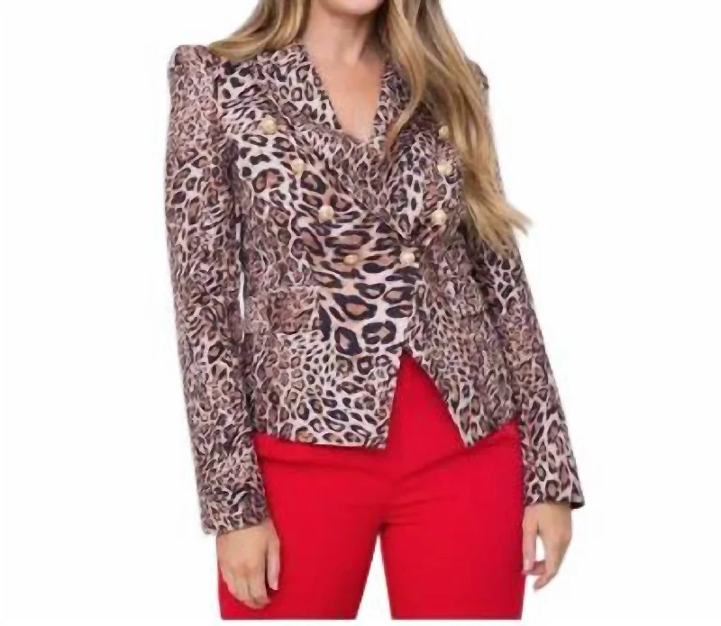 Chic Styles Leopard Double Breasted Blazer In Taupe