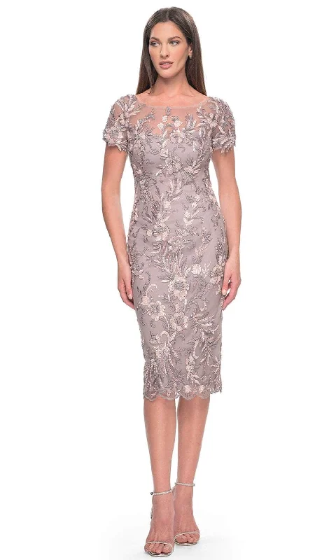 Season Transition Versatile Wear Clearance La Femme 31775 - Knee-Length Floral Lace Applique Dress with Short Sleeves