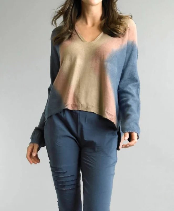 Chic Style Tie Dye High Low Sweater In Denim/khaki