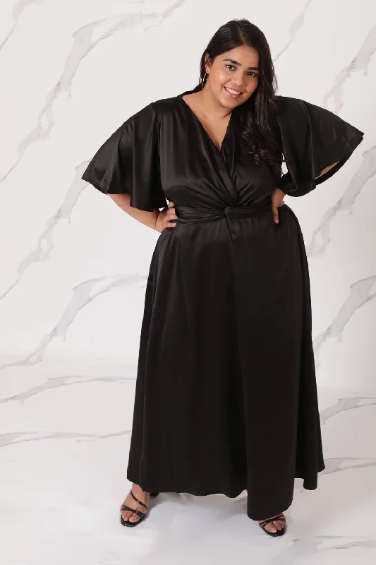 Minimalist Office - Ready Style Black Satin Knot Dress