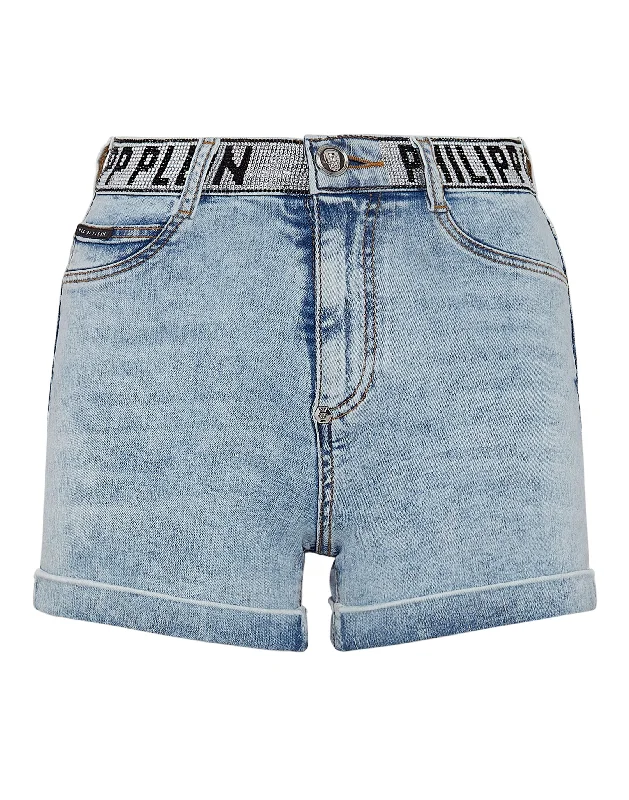 Holiday Attire Sale Denim Hot Pants Stones Philipp Plein TM with Crystals