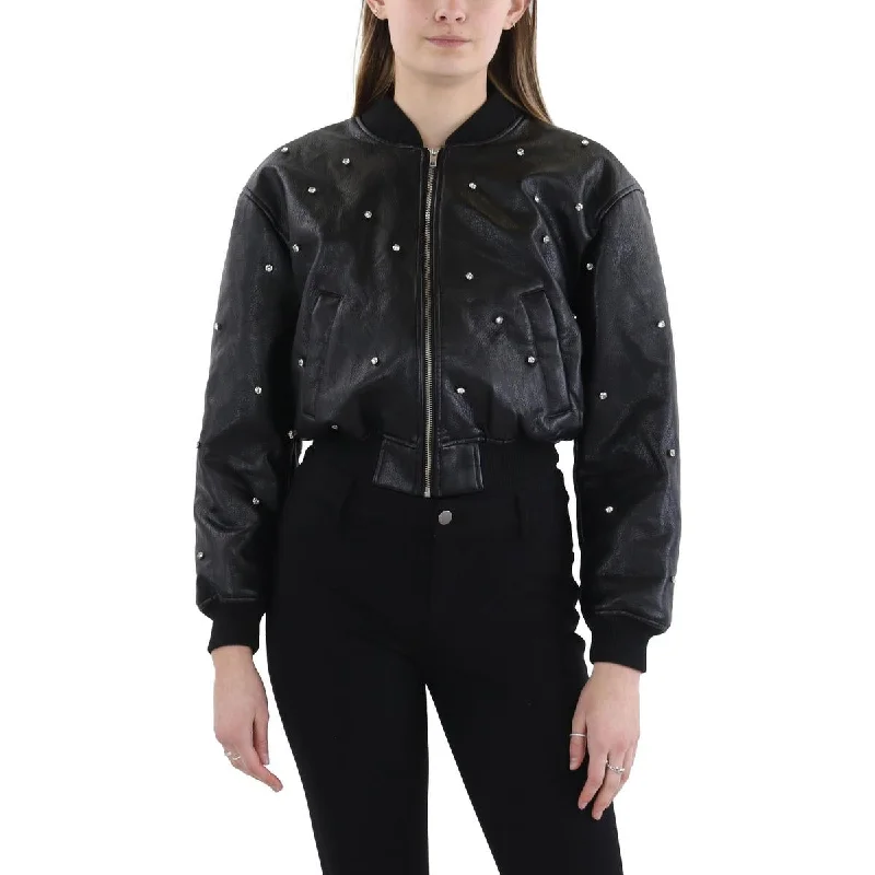 Big Discounts Womens Faux Leather Rhinestone Leather Jacket