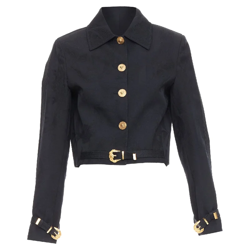 Spring Wardrobe Versace wool Medusa jacquard barocco gold buckle crop jacket