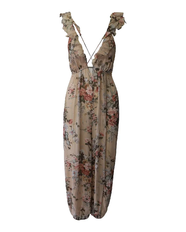 Exclusive Discount Zimmermann Aerial Flounce Full-Length Harem Jumpsuit in Floral Print Silk