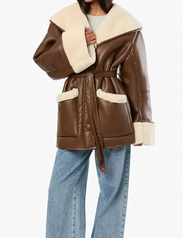 Dreamy Draping Vegan Leather Bonded Faux Fur Jacket In Brown