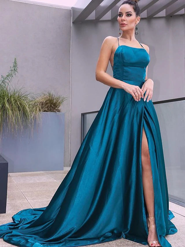 Hot Sale Prom Dresses Beautiful Back Dress Party Wear Court Train Sleeveless Spaghetti Strap Satin with Slit