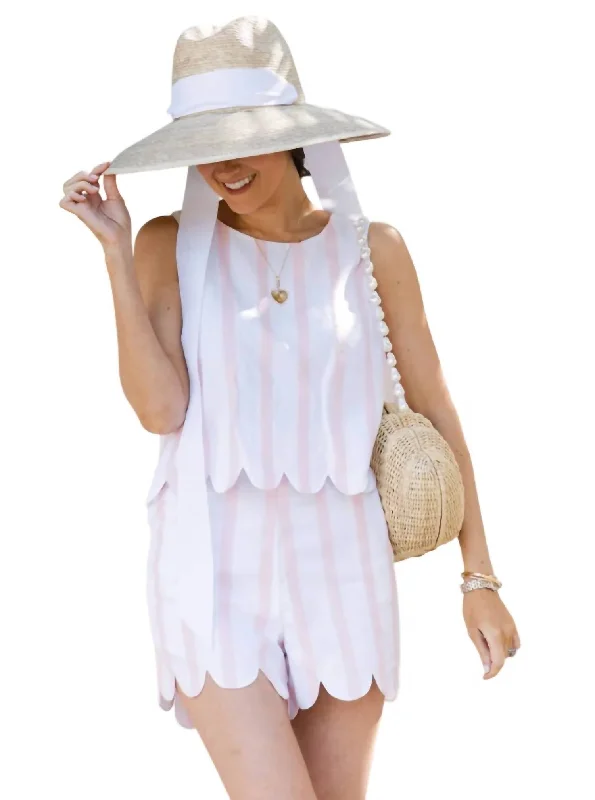 Chic And Trendy Stripe Scalloped Short Set In Pink Stripe