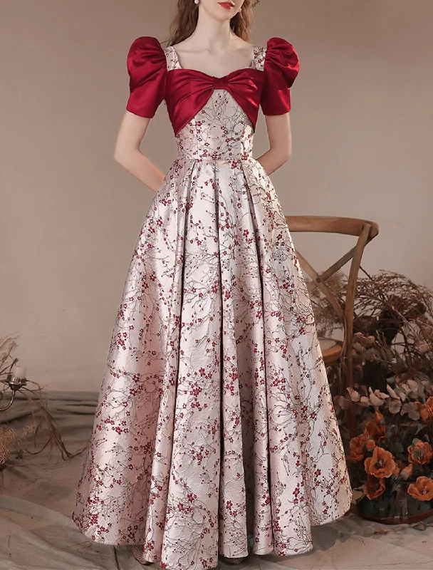 Vintage Fashion A-Line Party Dresses Floral Dress Masquerade Prom Floor Length Short Sleeve Square Neck Satin with Embroidery