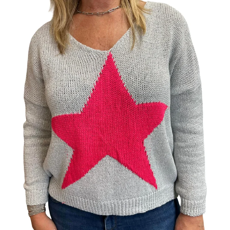 Hurry Before It's Gone Lurex With Star Sweater In Silver/hot Pink