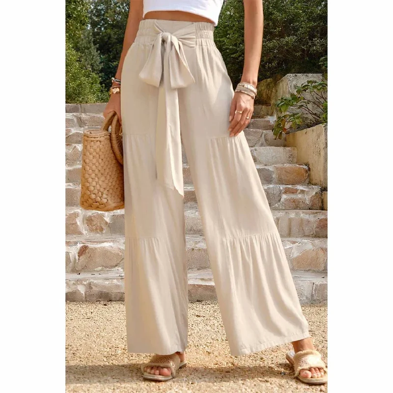 Evening Elegance Women's High Waist Knot Elastic Solid Pant In Beige