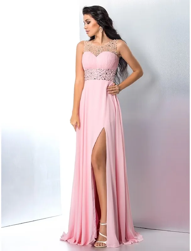 Explore What's New A-Line Prom Dresses Sparkle Shine Dress Party Wear Sleeveless Jewel Neck Chiffon with Rhinestone Slit