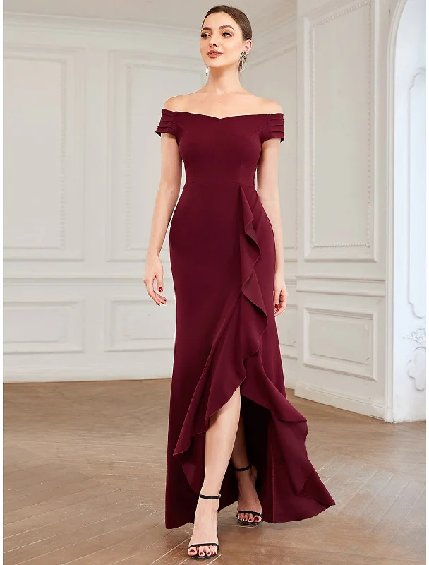 Stylish Looks A-Line Party Dresses Minimalist Dress Wedding Guest Asymmetrical Sleeveless Off Shoulder Polyester with Ruffles