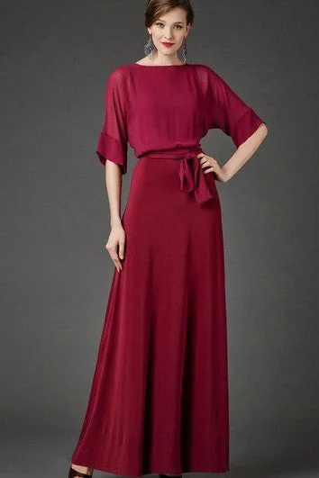 Fashion Deal Bateau Bat Half Sleeve A-line Pleated Chiffon Long Dress With Sash