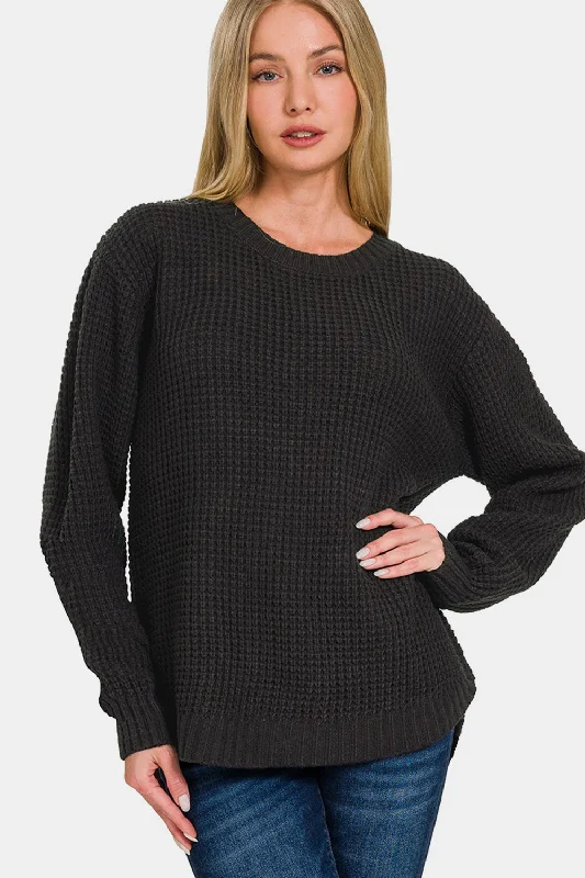 Chic Wardrobe High Low Long Sleeve Waffle Sweater