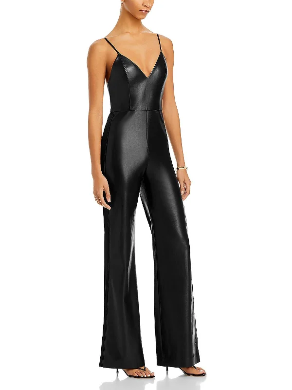 Dreamy Draping Christena Womens Faux Leather Wide Leg Jumpsuit