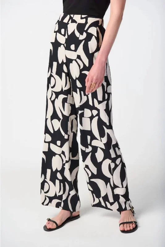 Trendy Urban Attire Abstract Print Wide-Leg Pants In Black/moonstone