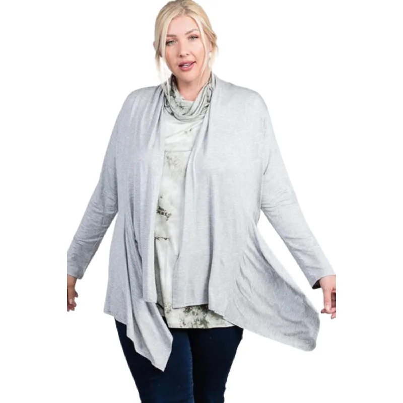 Save Big Waist Seam Shark Bite Long Sleeve Open Solid Cardigan