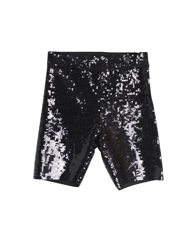 Elegant Contour Celine Sequin Embroidered Cycling Shorts in Black Cotton