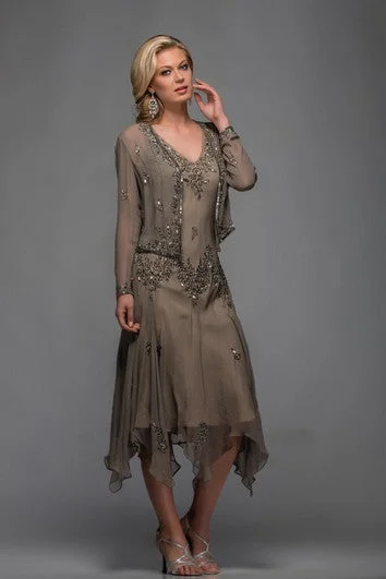 Stylish Spring Fashion Casual Sheath V-neck Tea-length Mother of The Bride Dress with Illusion Bolero