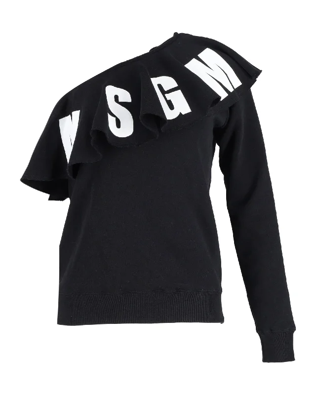 Trendy And Individual Women's Fashion MSGM Logo Print One-Shoulder Ruffled Sweatshirt in Black Cotton