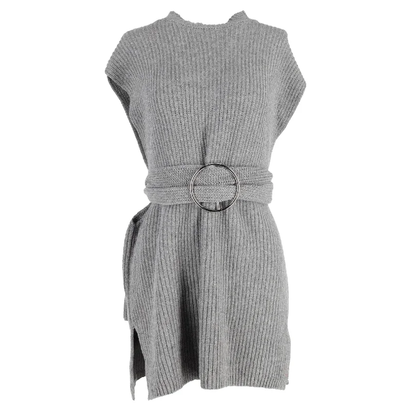 Trendy Attire For Her Dries Van Noten Sleeveless Knit Belted Sweater in Grey Wool