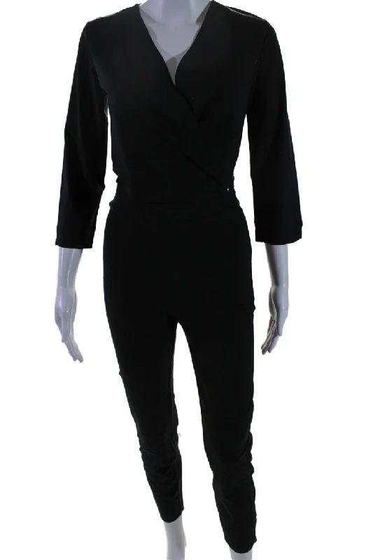 Travel Essentials Aday Womens Stretch V-Neck Long Sleeve Destination Jumpsuit Black