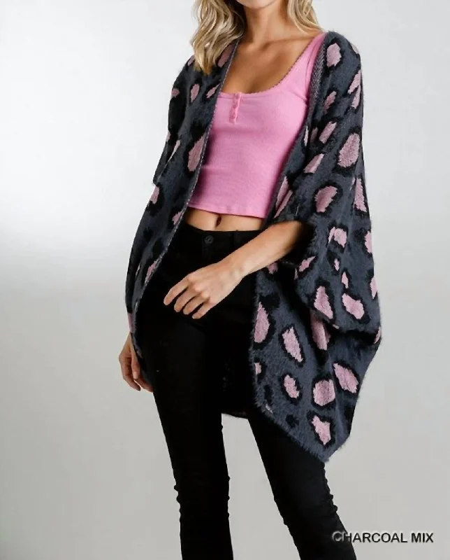 Evening Elegance Leopard Short Sweater Kimono In Grey And Pink