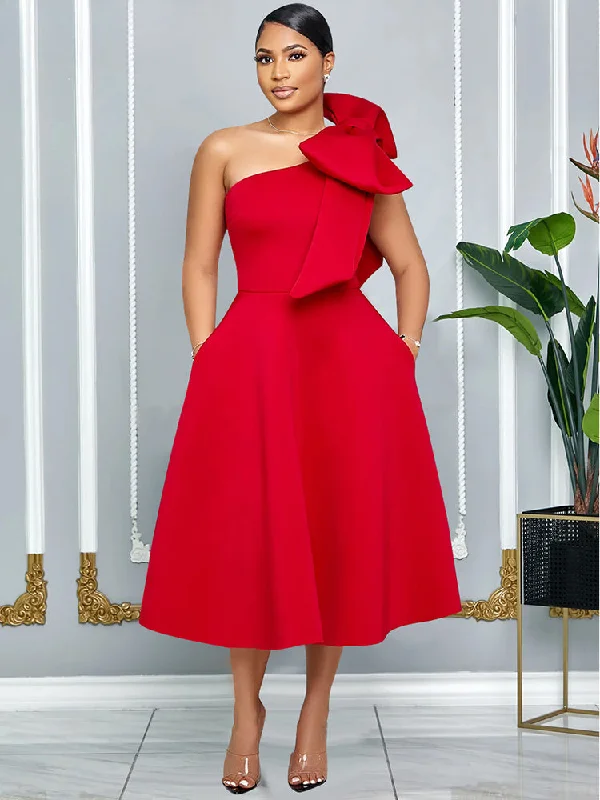 Discover Now Red Christmas Party Dress with A Line Pleated One Shoulder Bow