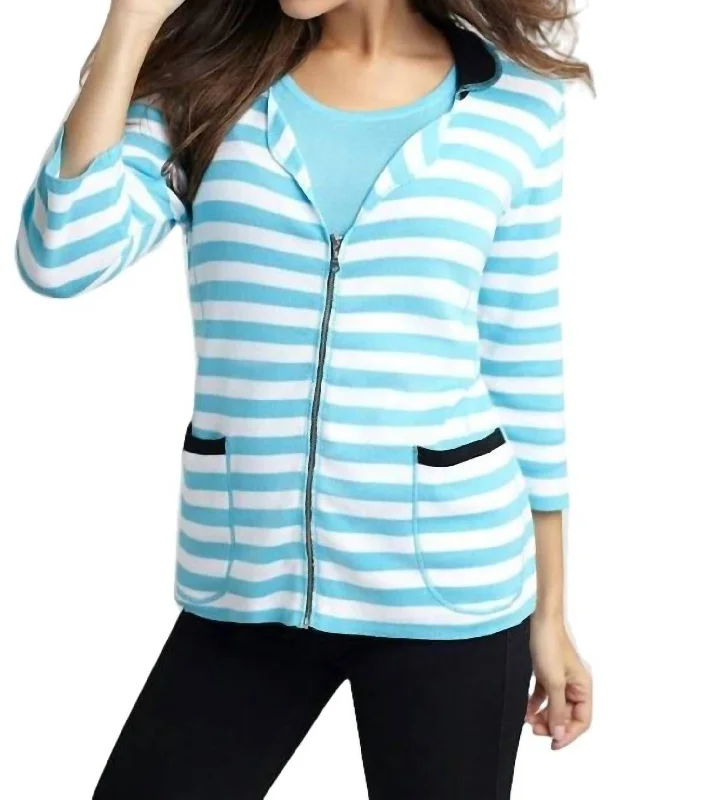 Limited Time Offers Colorblock Striped Cardigan In White/turquoise